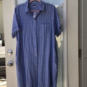 Old Navy Blue and White Striped Midi Linen blend Shirt Dress